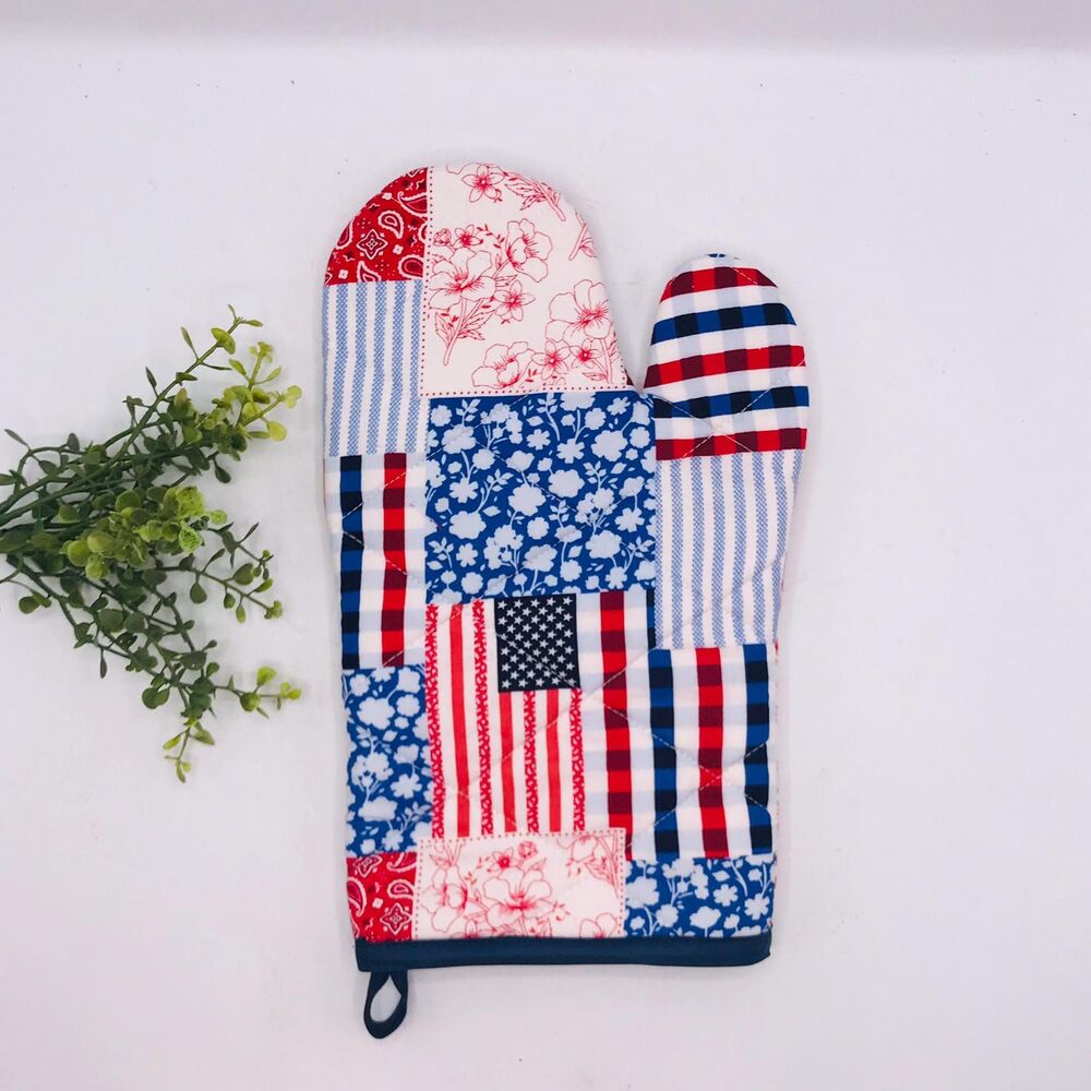 Oven Mitt: Americana Patchwork Red White Blue Baking Mitt Gift Cottage